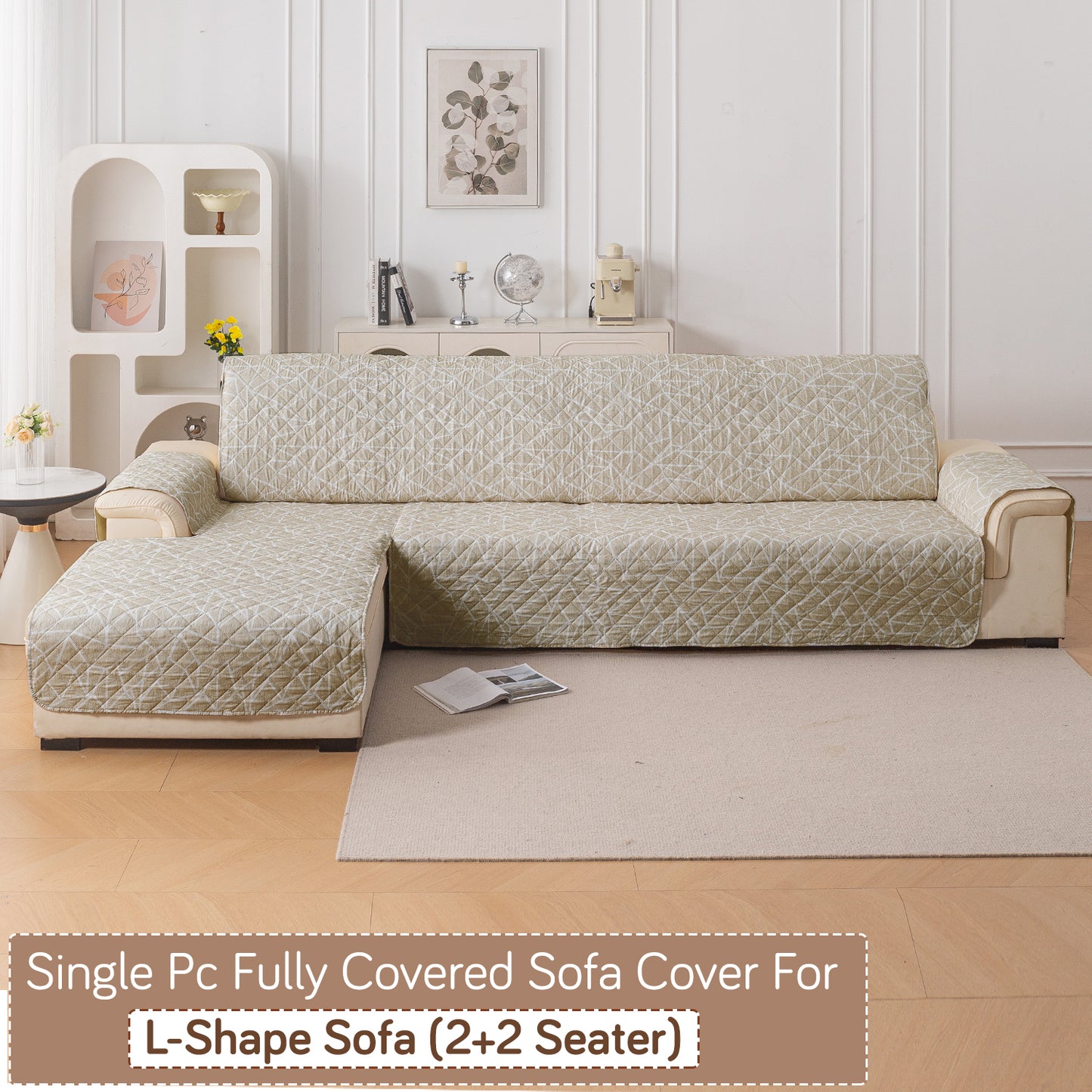 Elira Series Quilted One-Piece L Shape Sofa Cover Mat with Left and Right Chaise, Beige Abstract Geometry