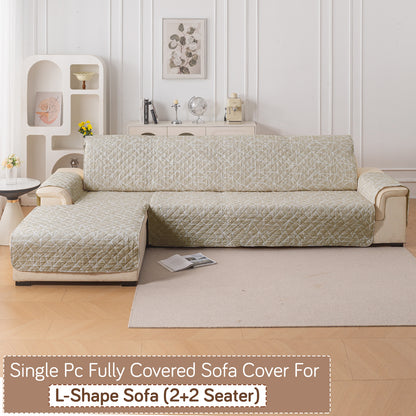 Elira Series Quilted One-Piece L Shape Sofa Cover Mat with Left and Right Chaise, Beige Abstract Geometry