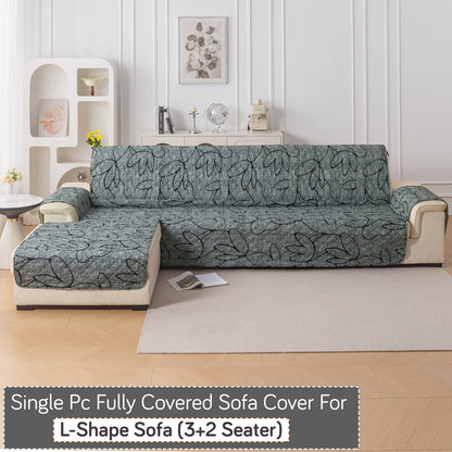 Elira Series Quilted One-Piece L Shape Sofa Cover Mat with Left and Right Chaise, Intense Grey Abstract Floral