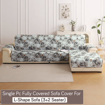 Elira Series Quilted One-Piece L Shape Sofa Cover Mat with Left and Right Chaise, Feather Brown Floral