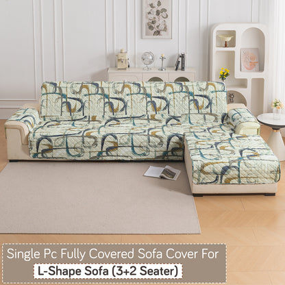 Elira Series Quilted One-Piece L Shape Sofa Cover Mat with Left and Right Chaise, Parchement Beige Abstract Art