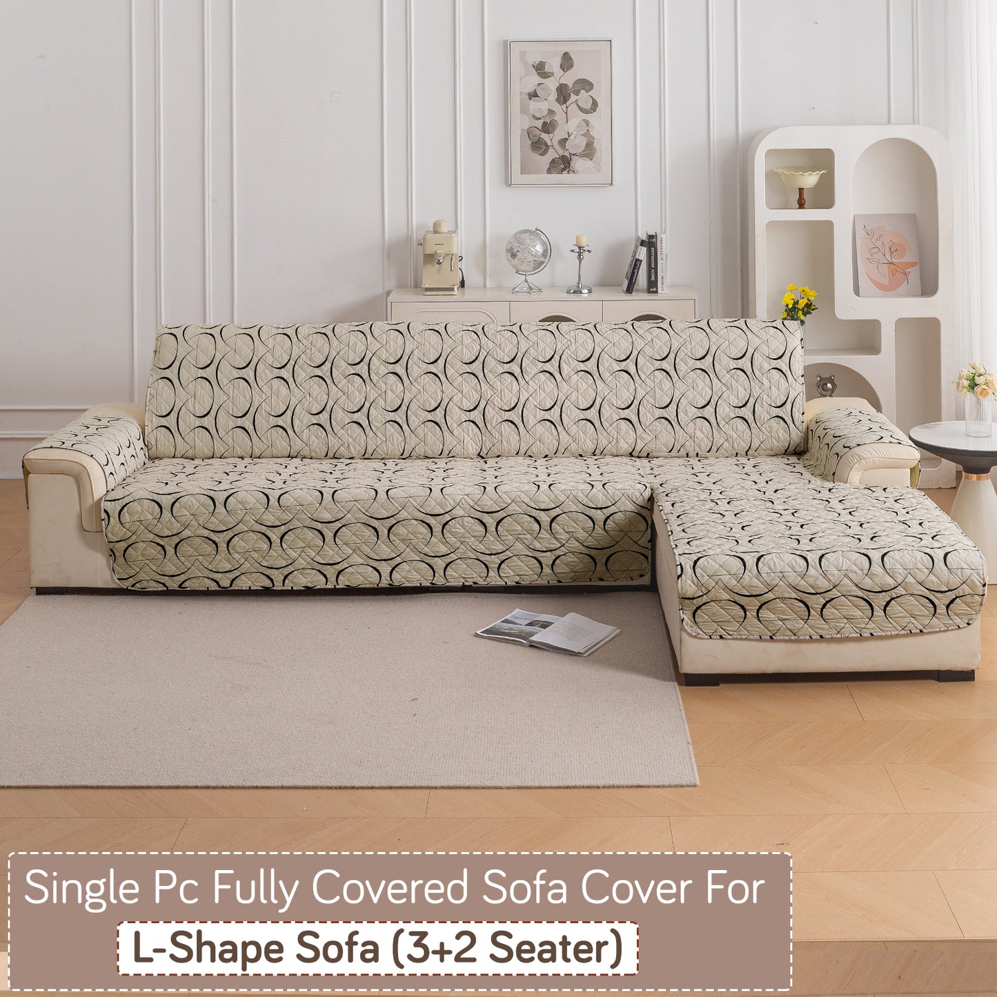 Elira Series Quilted One-Piece L Shape Sofa Cover Mat with Left and Right Chaise, Natural Beige Abstract Art