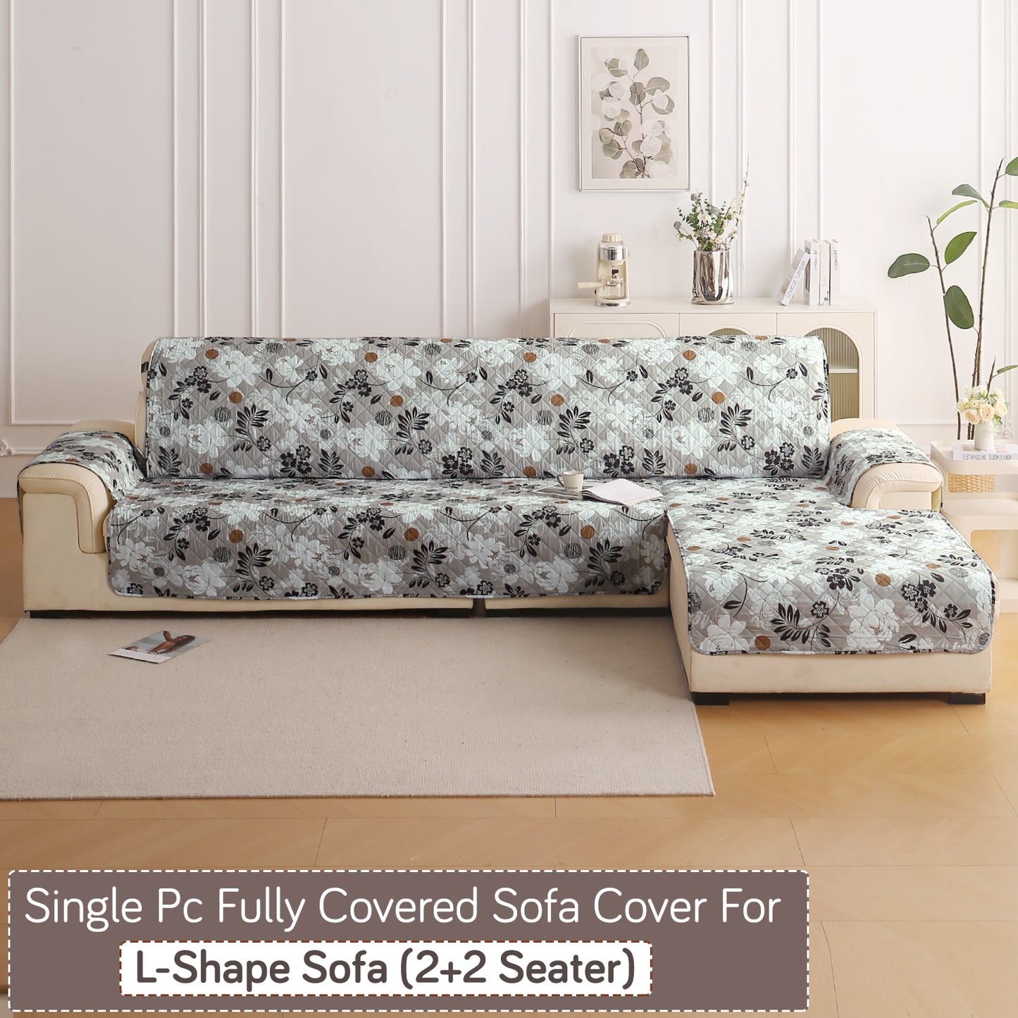 Elira Series Quilted One-Piece L Shape Sofa Cover Mat with Left and Right Chaise, Feather Brown Floral