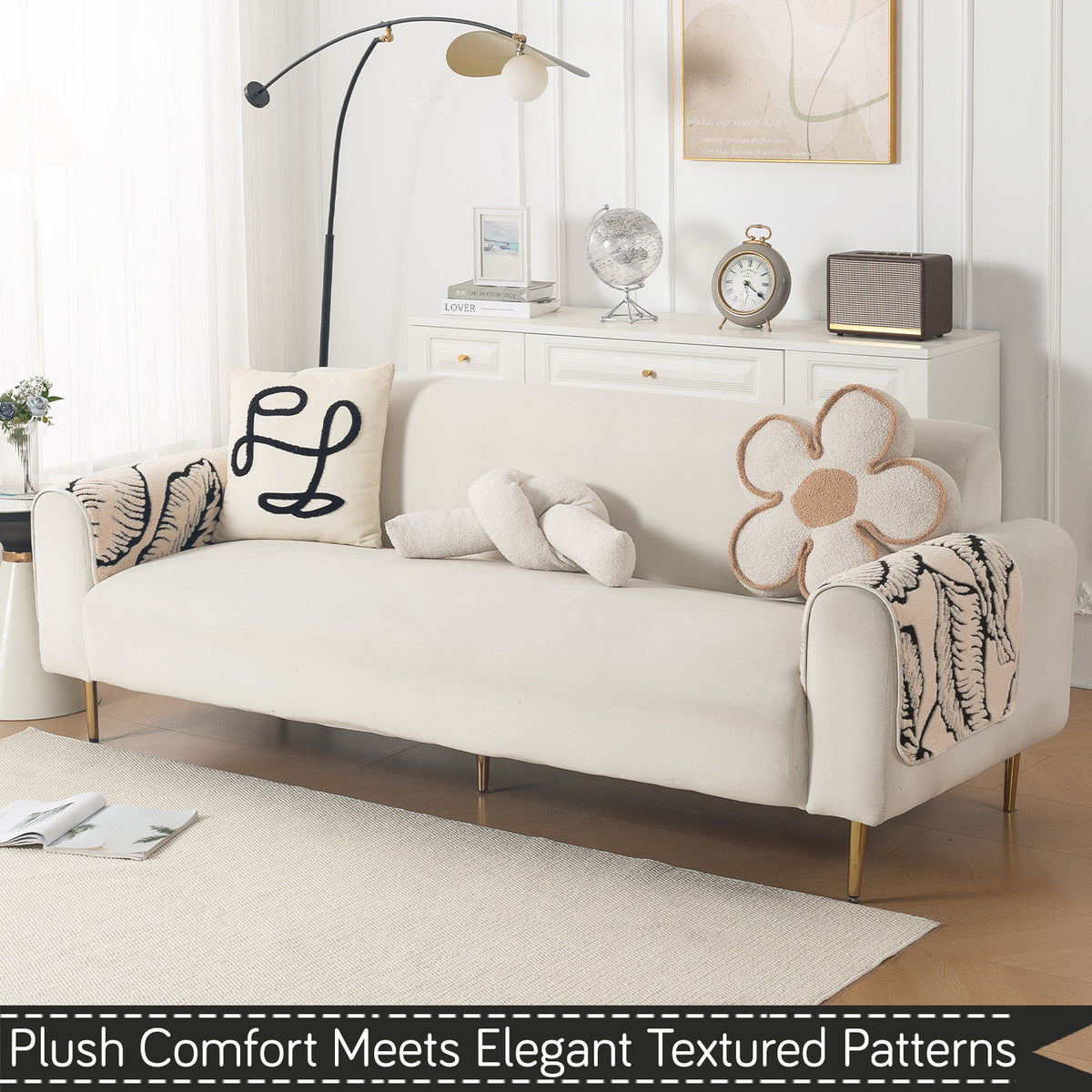 Luxury Plush Sherpa Anti-Slip Sofa Cover Mat, 'Noirea Series'| Botanical Leaf