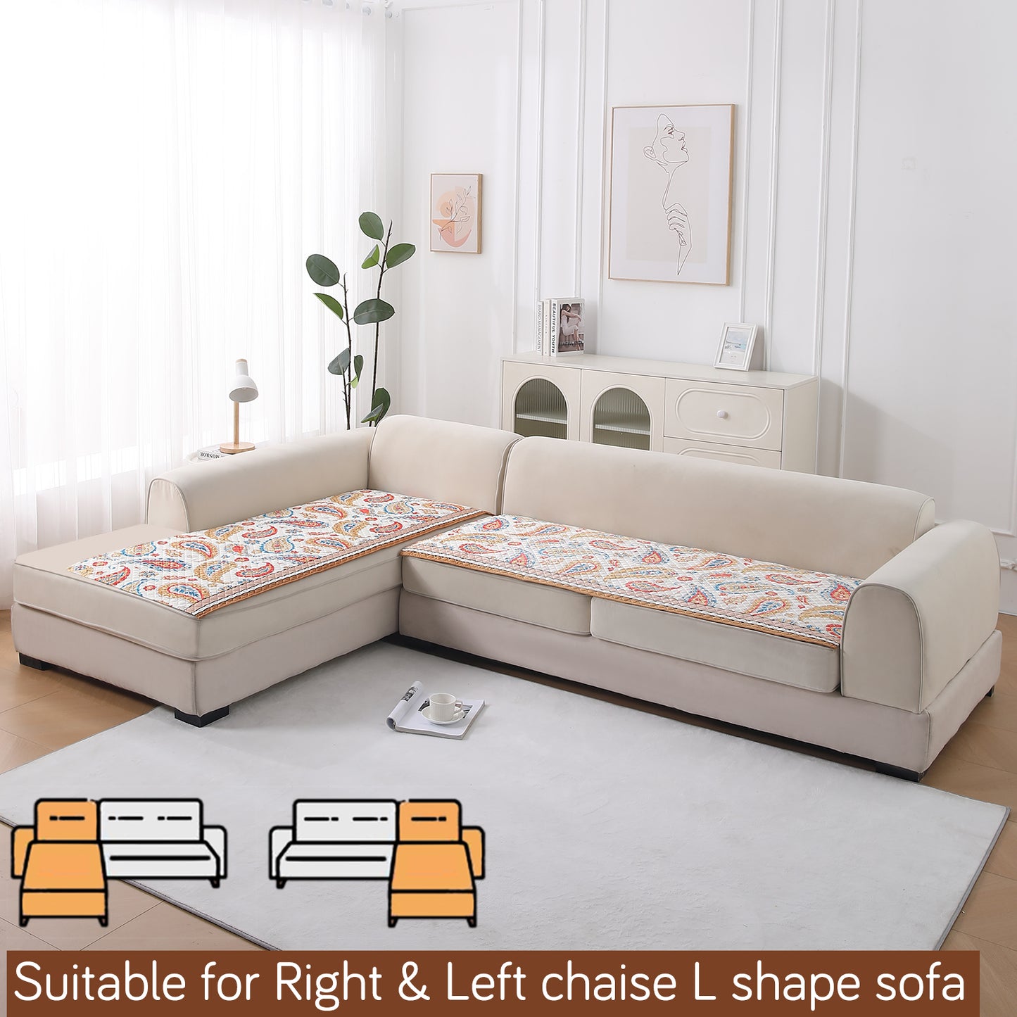 LiefNest Printed Holland Velvet L Shape Sofa Seat Mat with Foam Filling - Paisley Multicolor