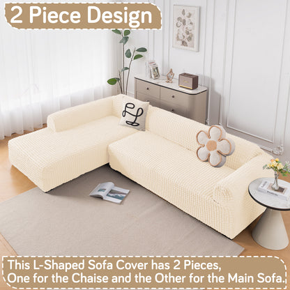Aria Nova Bubble 2-Piece Stretchable L Shape Sofa Cover with Left Chaise, Light Cream