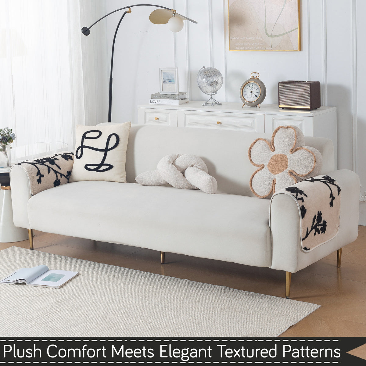 Luxury Plush Sherpa Anti-Slip Sofa Cover Mat, 'Noirea Series'| Botanical Vine