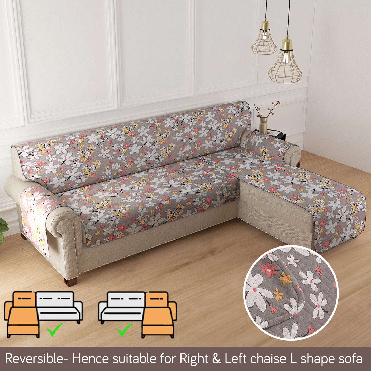 HomeHues Series Quilted Sofa Cover with Secure Fit Belt for L Shape sofa, Pastel Brown Sandwort Flower