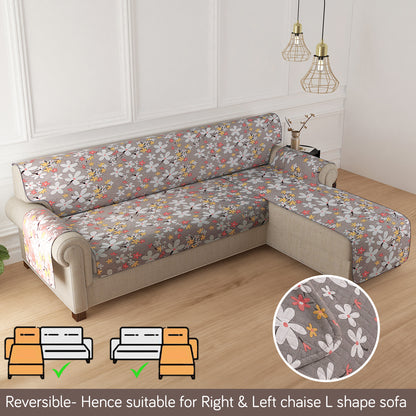 HomeHues Series Quilted Sofa Cover with Secure Fit Belt for L Shape sofa, Pastel Brown Sandwort Flower