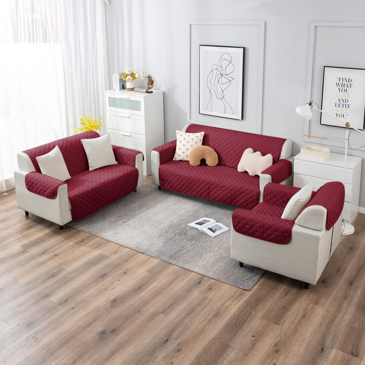 Maroon Polyester quilted sofa cover​ for 3+2+1 seater sofa set