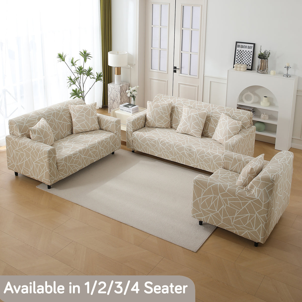 Beige Abstract Geometry Print modern Elastic sofa cover​s  for 1,2,3,4,5 & 7 seater sofas
