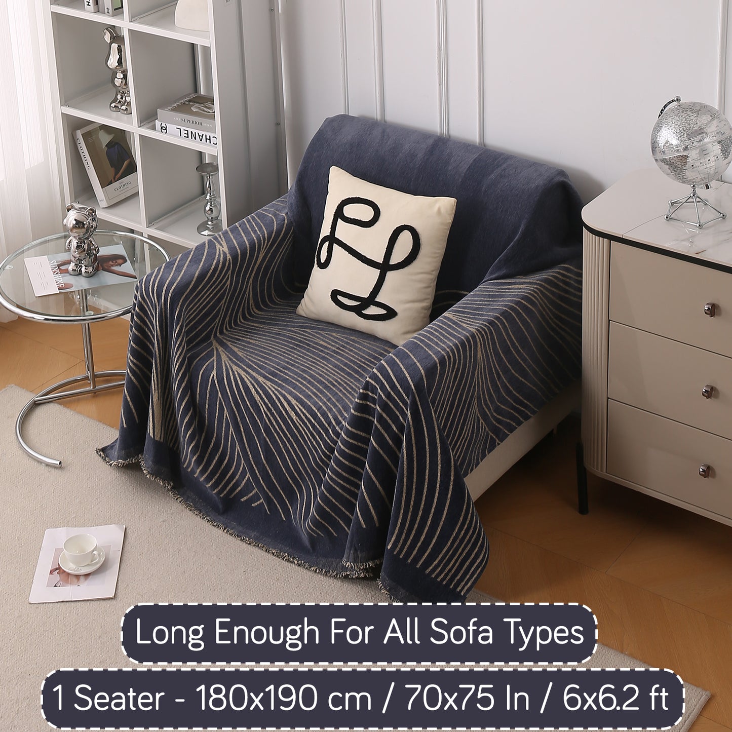 WaveLoom Collection Printed Chenille Sofa Cover Throw Blanket, Dark Grey