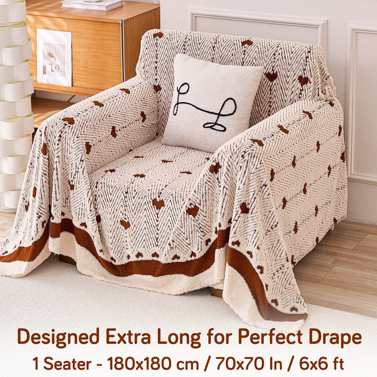 Buy Mocha Cream Colour Cozy Heart Series Luxury Plush Sofa Throw – 1 Seater Sofas | HOKIPO
