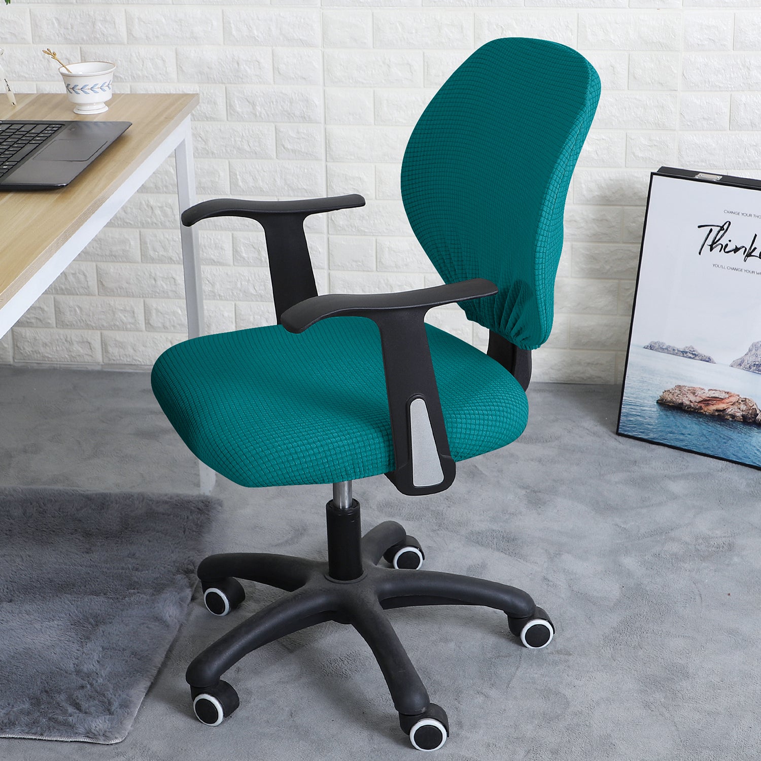 Stretchable Jacquard Office Chair Slipcover for Rotating Chair, Teal