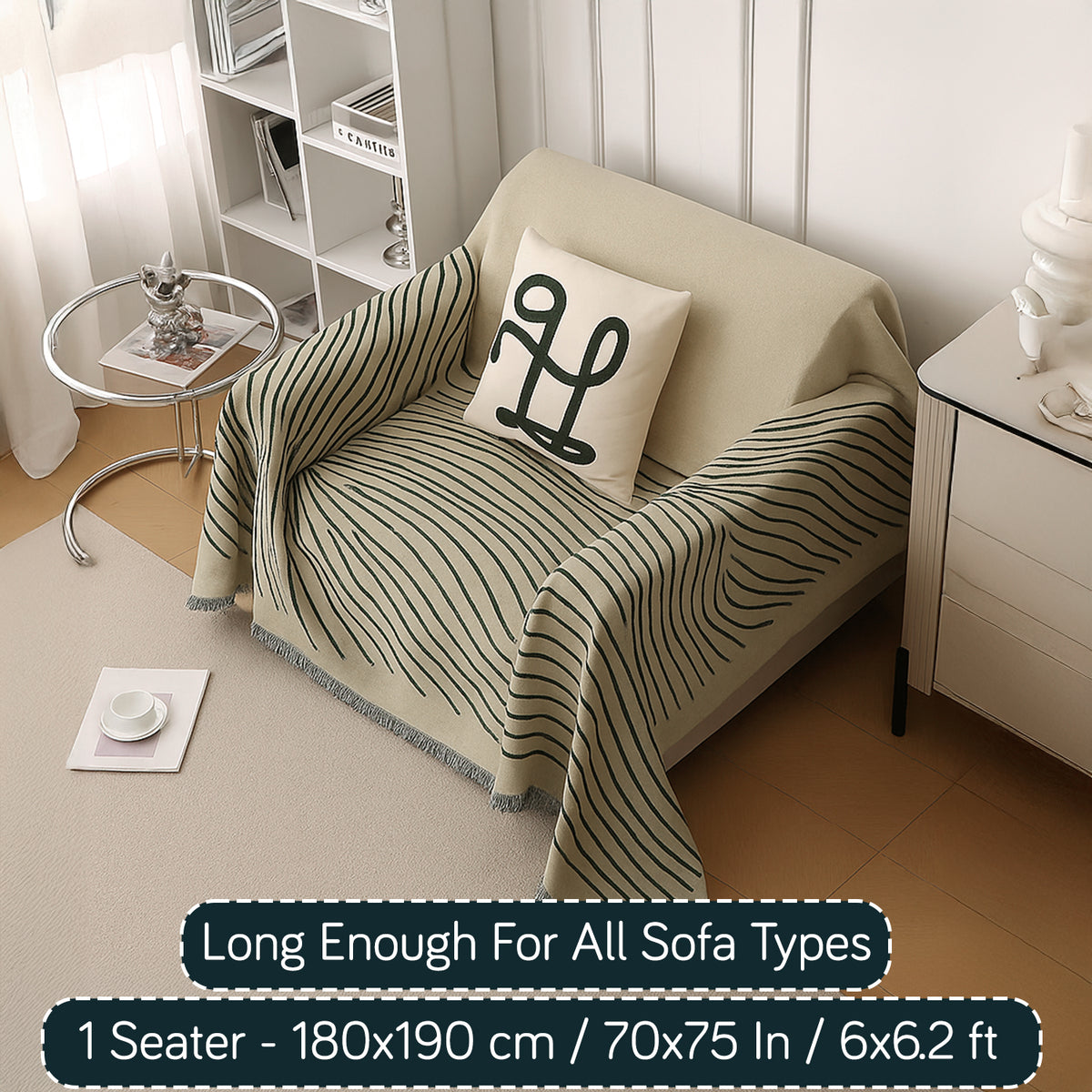 Buy Peacock Green Colour WaveLoom Chenille 1 Seater Sofa Throw | HOKIPO