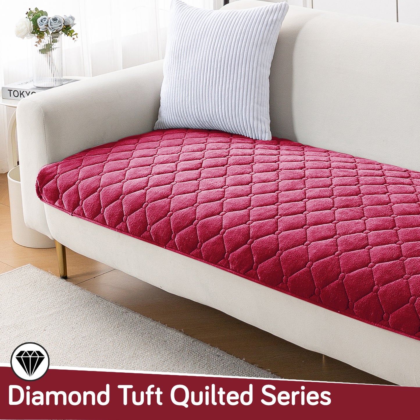 Diamond Tuft Plush Sofa Cover Mat, Raspberry Red