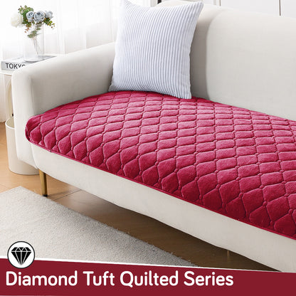 Diamond Tuft Plush Sofa Cover Mat, Raspberry Red