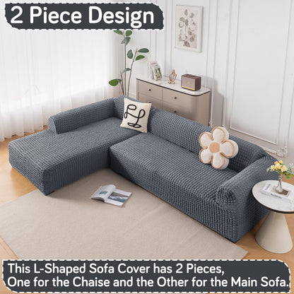 Aria Nova Bubble 2-Piece Stretchable L Shape Sofa Cover with Left Chaise, Dark Grey