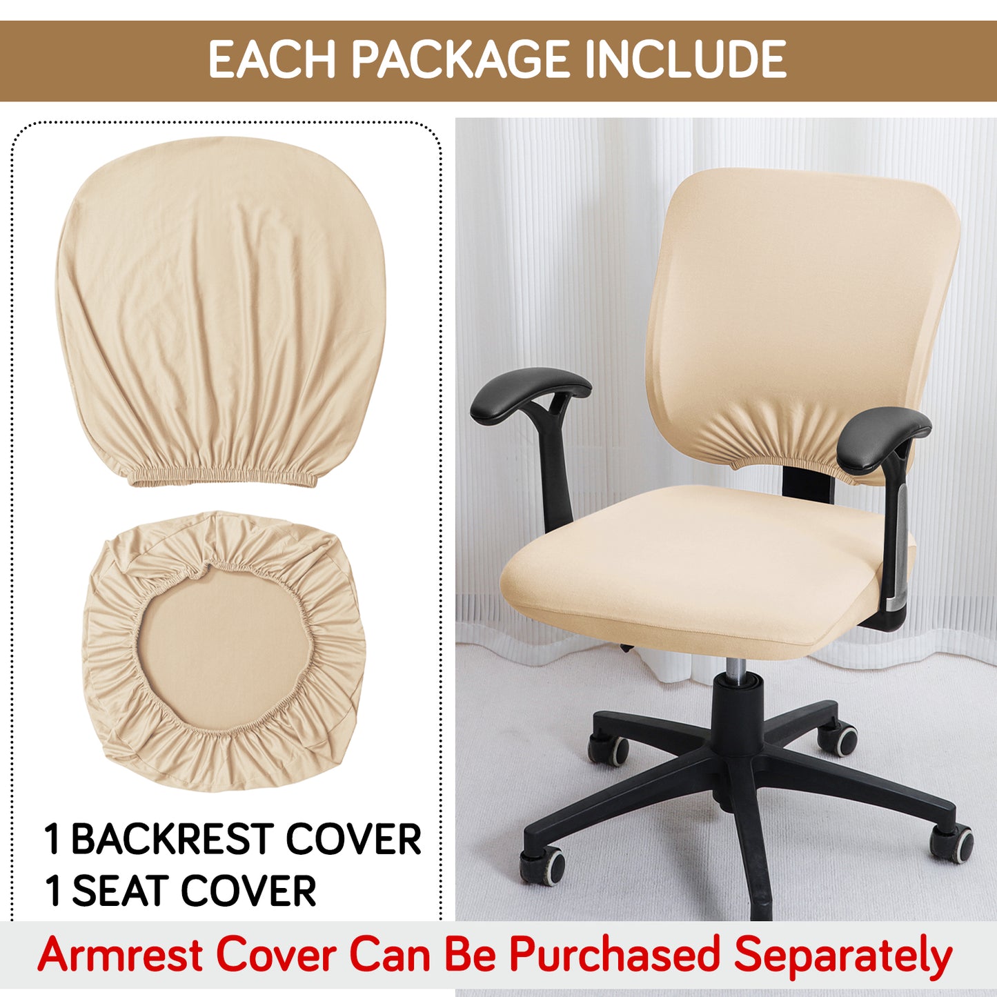 Office Chair Cover for Task Chair – 140 GSM Stretchable Fabric – Washable & Anti-Slip – Fits Small Office Chairs Without Headrest, Beige