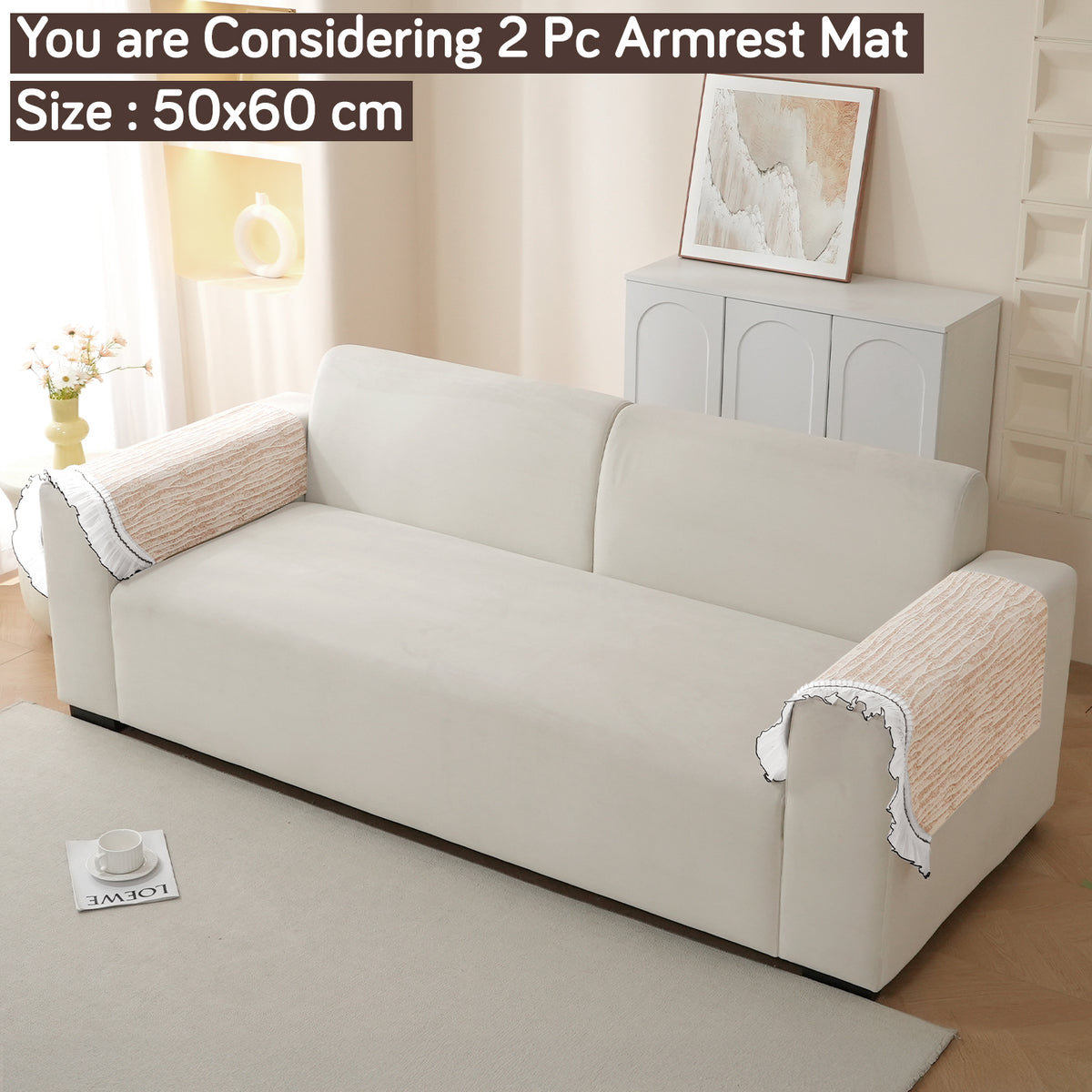 French Lace & Luxe with White Ruffle Edge Sofa Cover Mat, Oakwood Brown