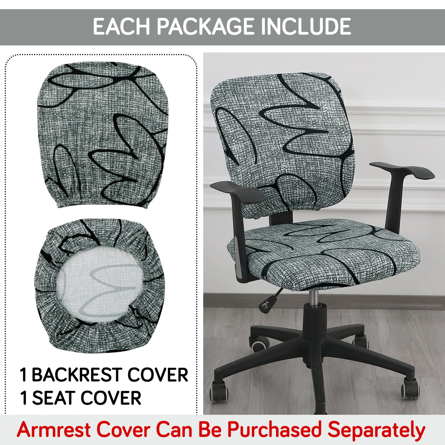 Printed Office Chair Cover for Task Chair – 140 GSM Stretchable Fabric – Washable & Anti-Slip – Fits Small Office Chairs Without Headrest, Intense Grey Abstract Floral