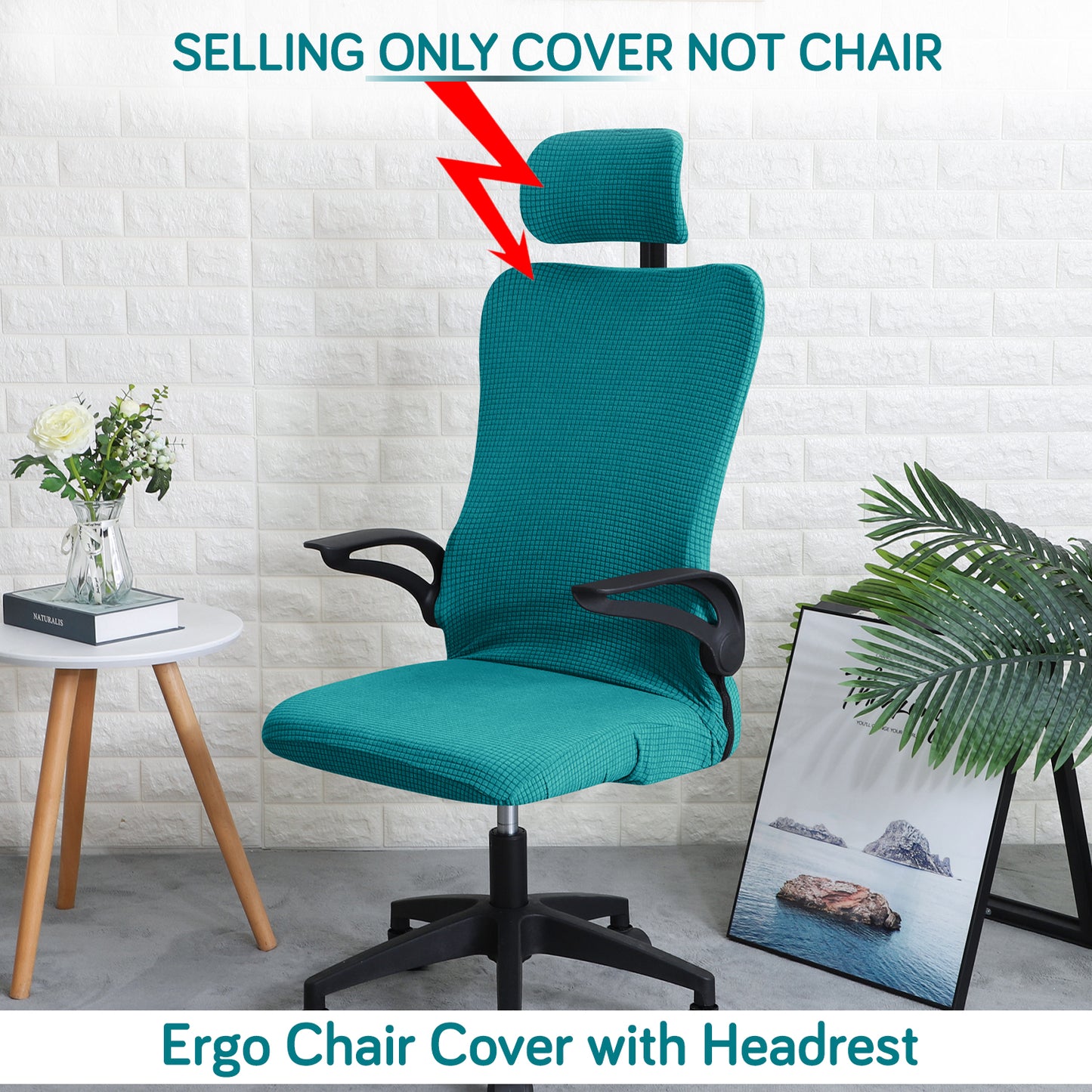 Water Repellent Office Chair Cover with Headrest (High-Back) – 210 GSM Stretch Jacquard – Washable, Anti-Slip Fit for Ergonomic Mesh Office Chairs, Teal