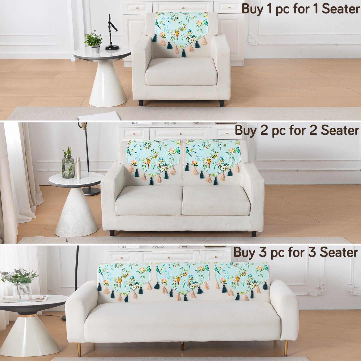 'Whispers of Nature' Series Holland Velvet Sofa Mat with Tassel, Mint Birdsong Blossom