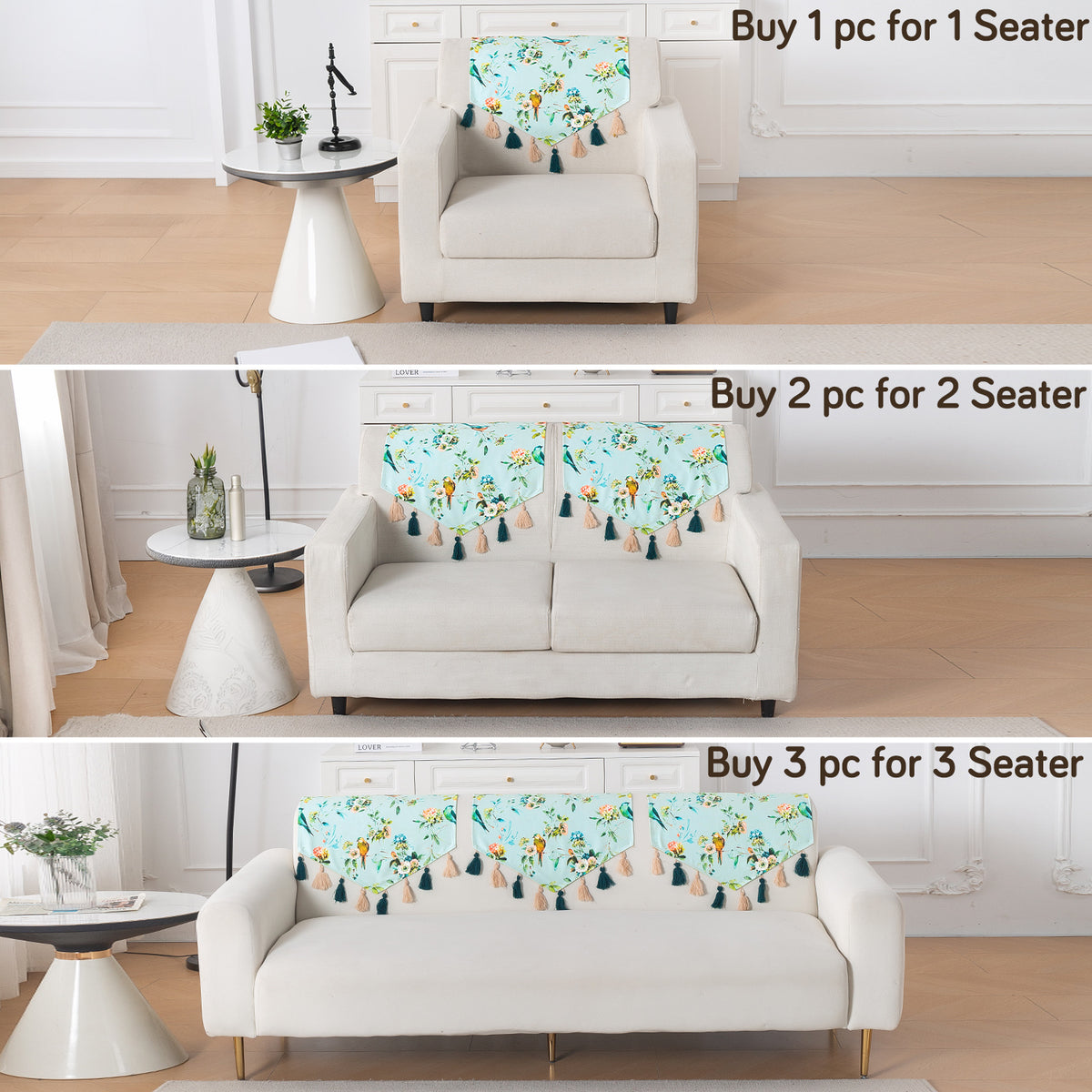 'Whispers of Nature' Series Holland Velvet Sofa Mat with Tassel, Mint Birdsong Blossom