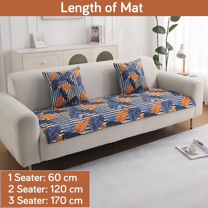 LiefNest Printed Holland Velvet Sofa Mat with Foam Filling - Tropical Leaves Dusk Blue for 1/2/3 Seater & Armrest