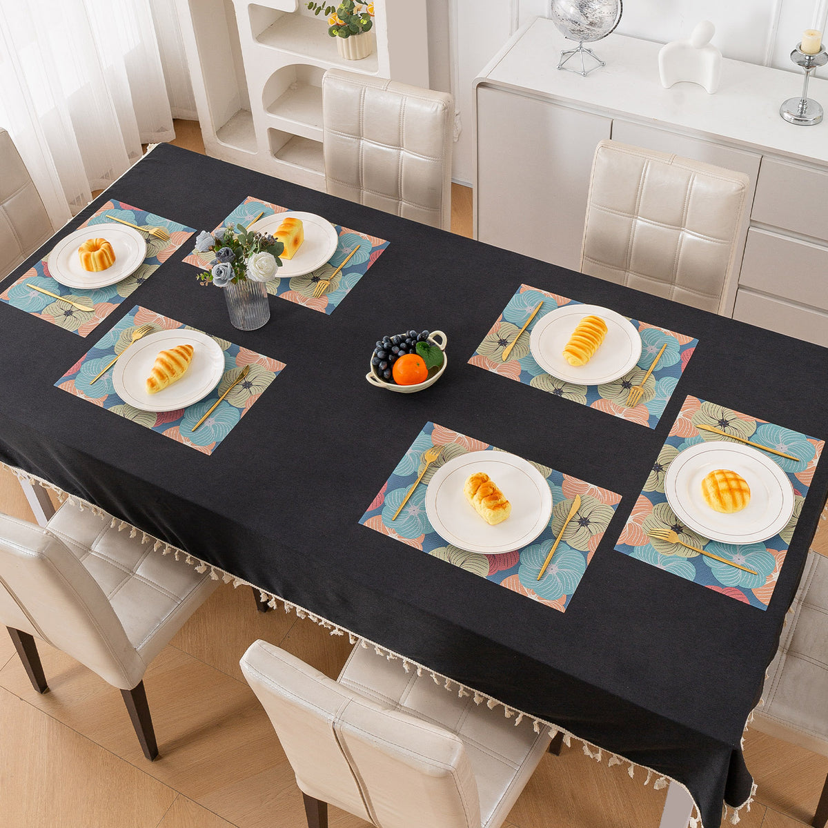 Color Splash PVC Mats for Dining Table, Floral Wheel - Teal Blue