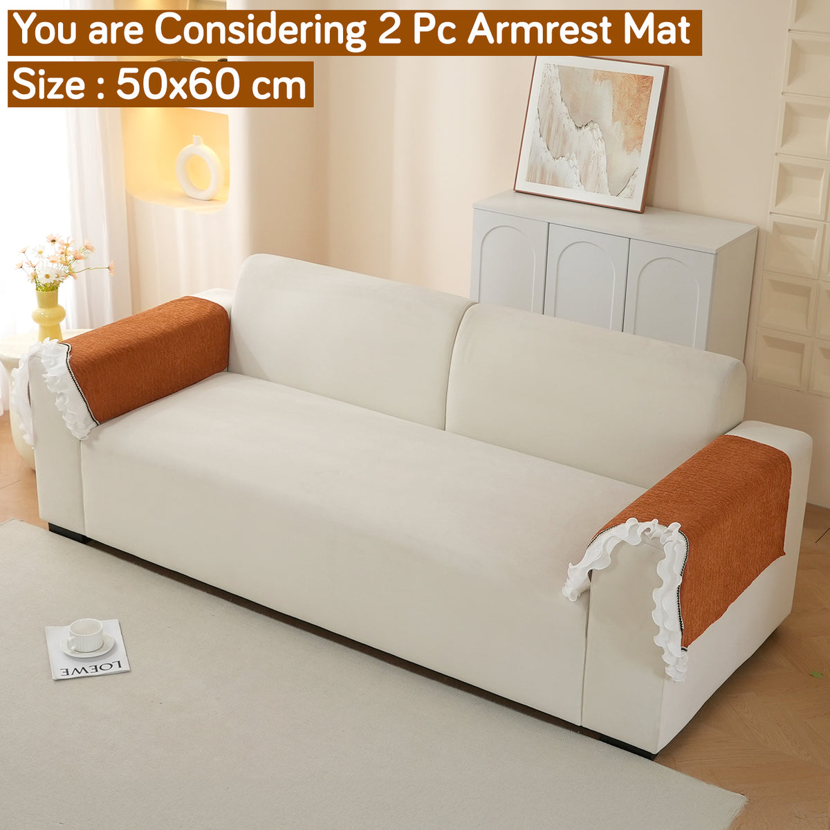 French Classic Frill Wavy Sofa Cover Mat with Curve & Lace - Copper Orange