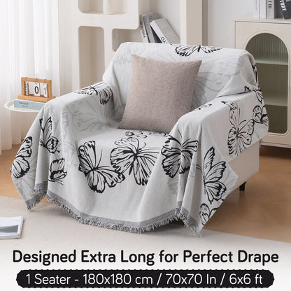 Premium 320 GSM Chenille Sofa Cover Throw All Season 'Serene Abode Series', Monochrome Butterfly