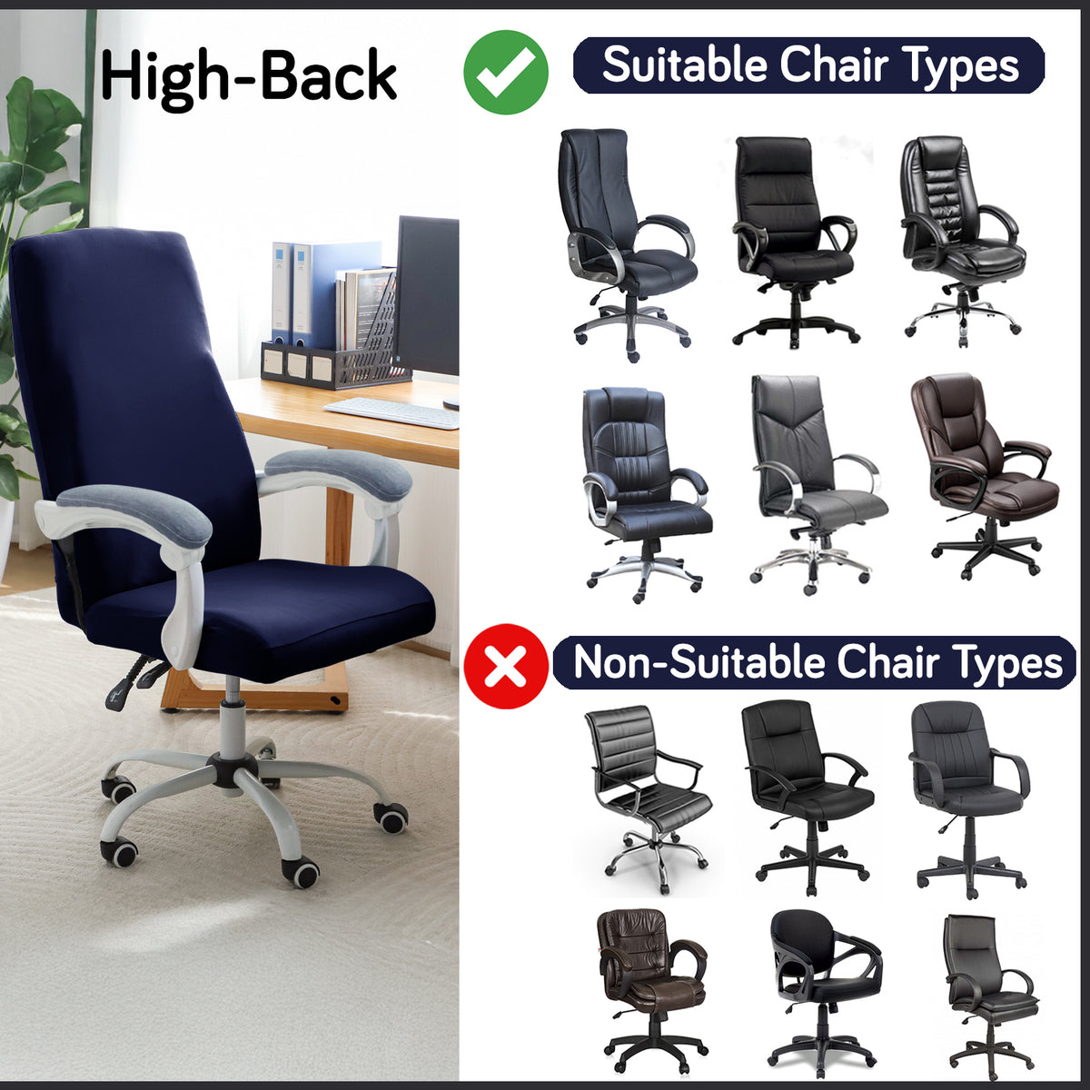 Office Chair Cover for Executive Chair (High-Back) – 140 GSM Stretchable Fabric – Washable & Anti-Slip – Fits Big & Tall Office Chairs, Navy Blue