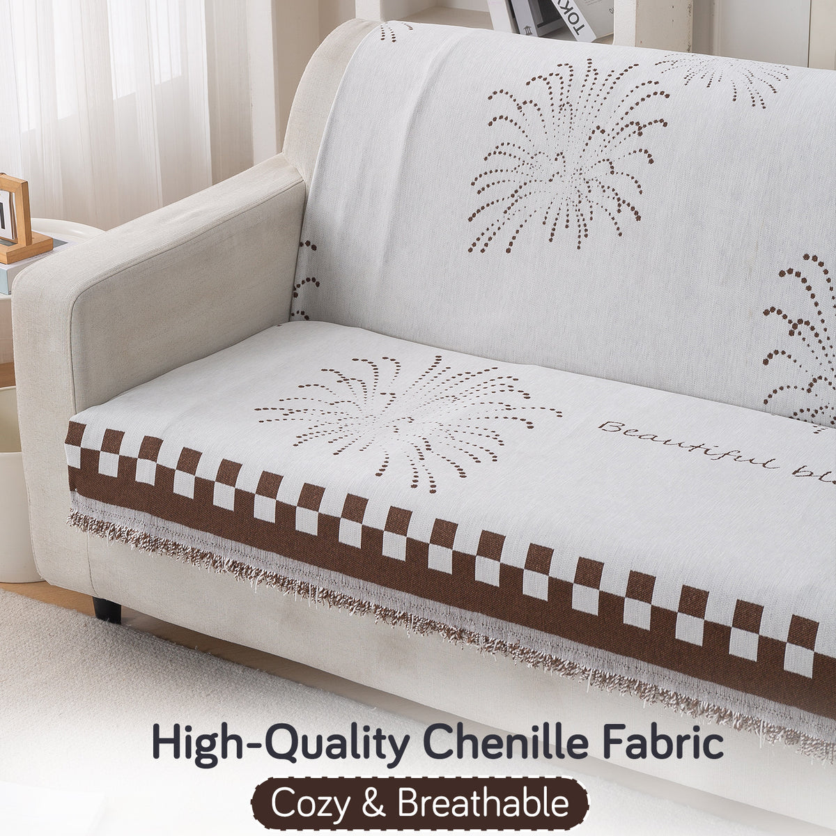 Premium 320 GSM Chenille Sofa Cover 'Serene Abode Series', Brown Dot Burst