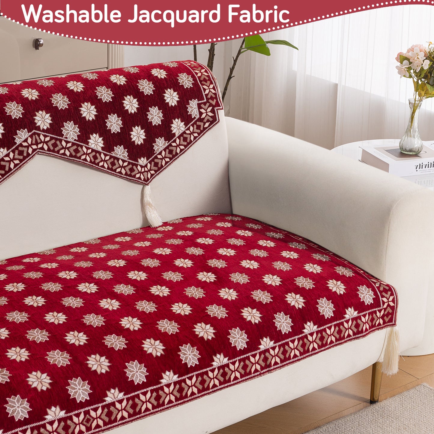 Heritage Weave Premium Jacquard Sofa Cover Set with Tassels -  Crimson Red