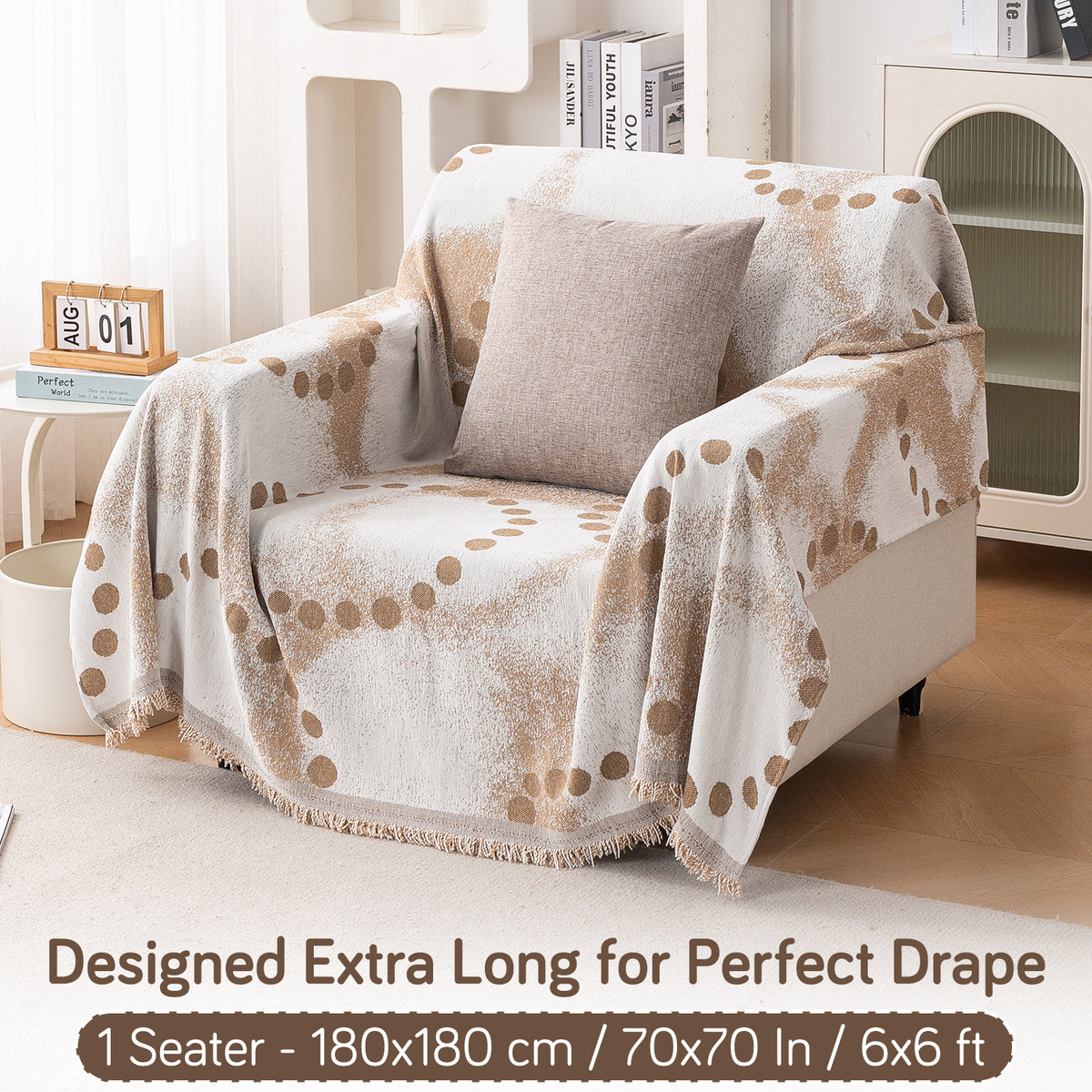 Premium 320 GSM Chenille Sofa Cover Throw All Season 'Serene Abode Series', Latte Dotted Wave