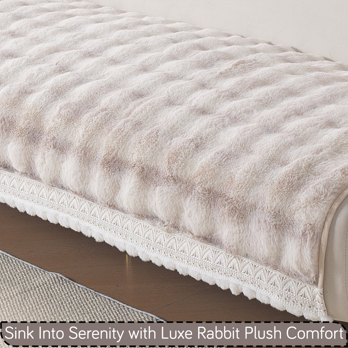 Faux Rabbit Fur Sofa Cover with Lace |Gradient Rabbit Plush, Cream