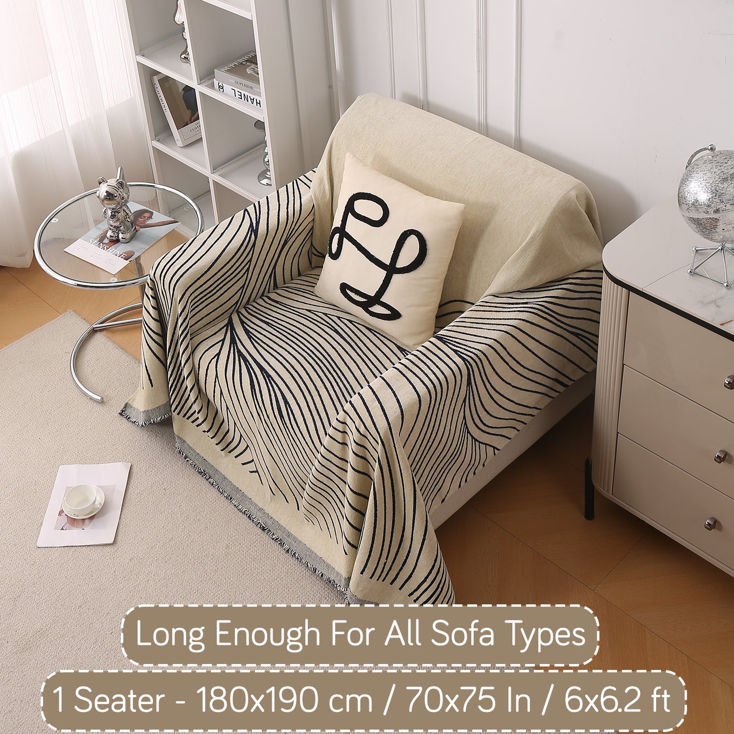 WaveLoom Collection Printed Chenille Sofa Cover Throw, Navy Blue