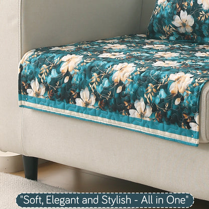 Florentina Series Printed Holland Velvet Sofa Mat - Pansies Teal