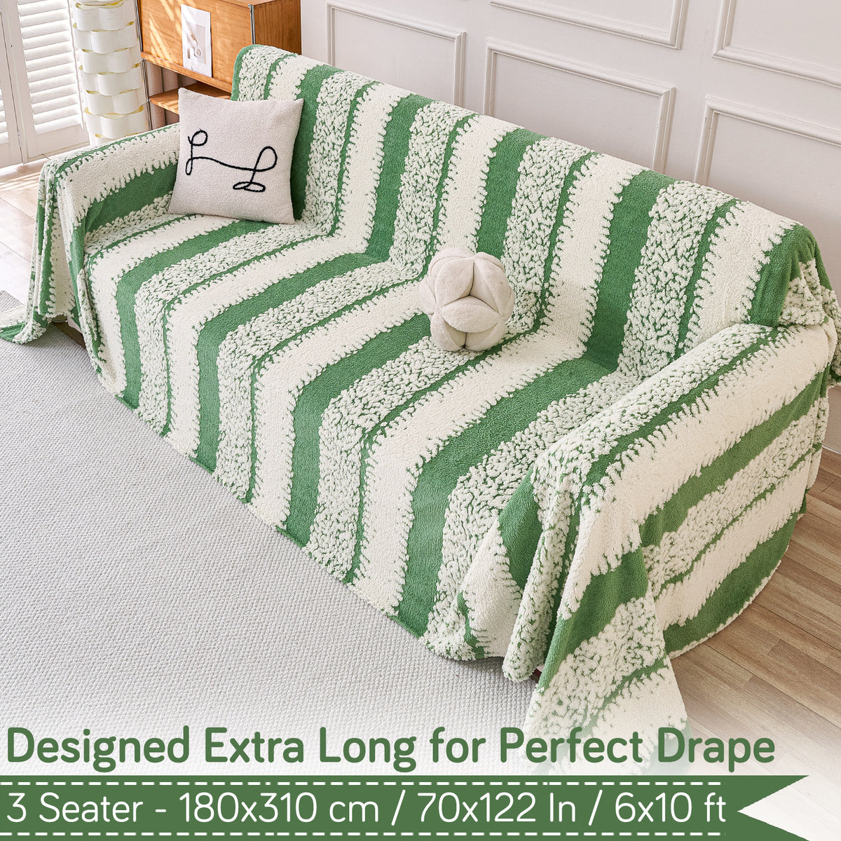 Buy Pistachio Green Colour Luxury Wavy Plush Sofa Throw – 3 Seater Sofas | HOKIPO