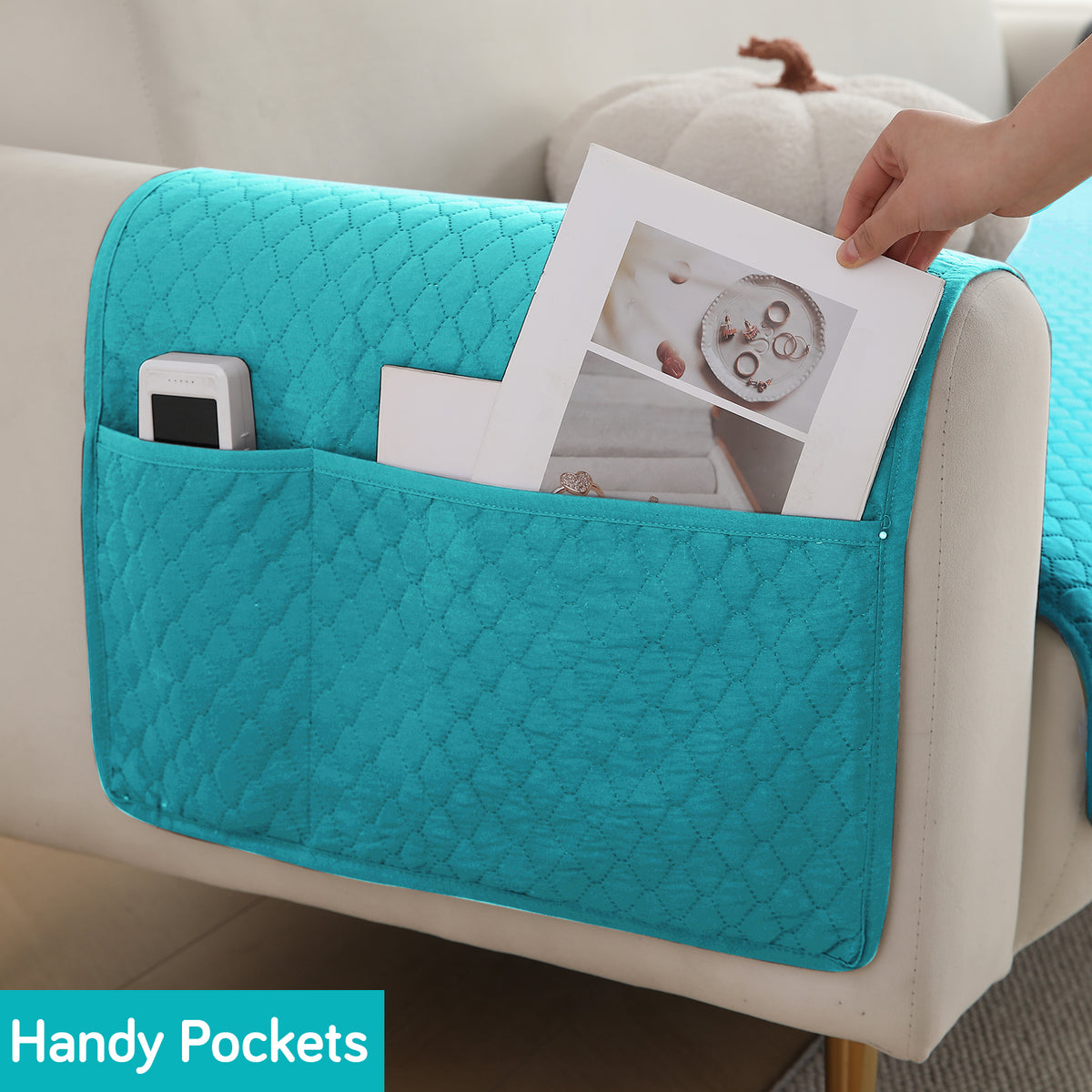 2 Pcs Quilted Sofa Armrest Cover, Teal