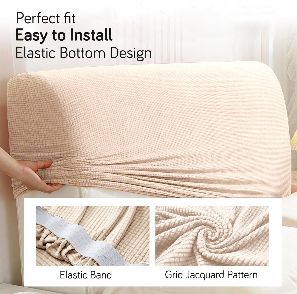 Buy Cream Colour jacquard bed headboard cover with elastic bottom, easy to install and perfect fit design for beds