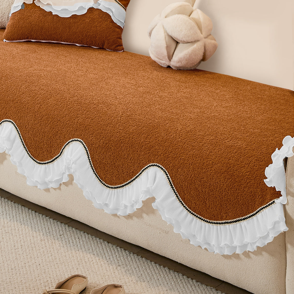 French Classic Frill Wavy Sofa Cover Mat, Copper Orange
