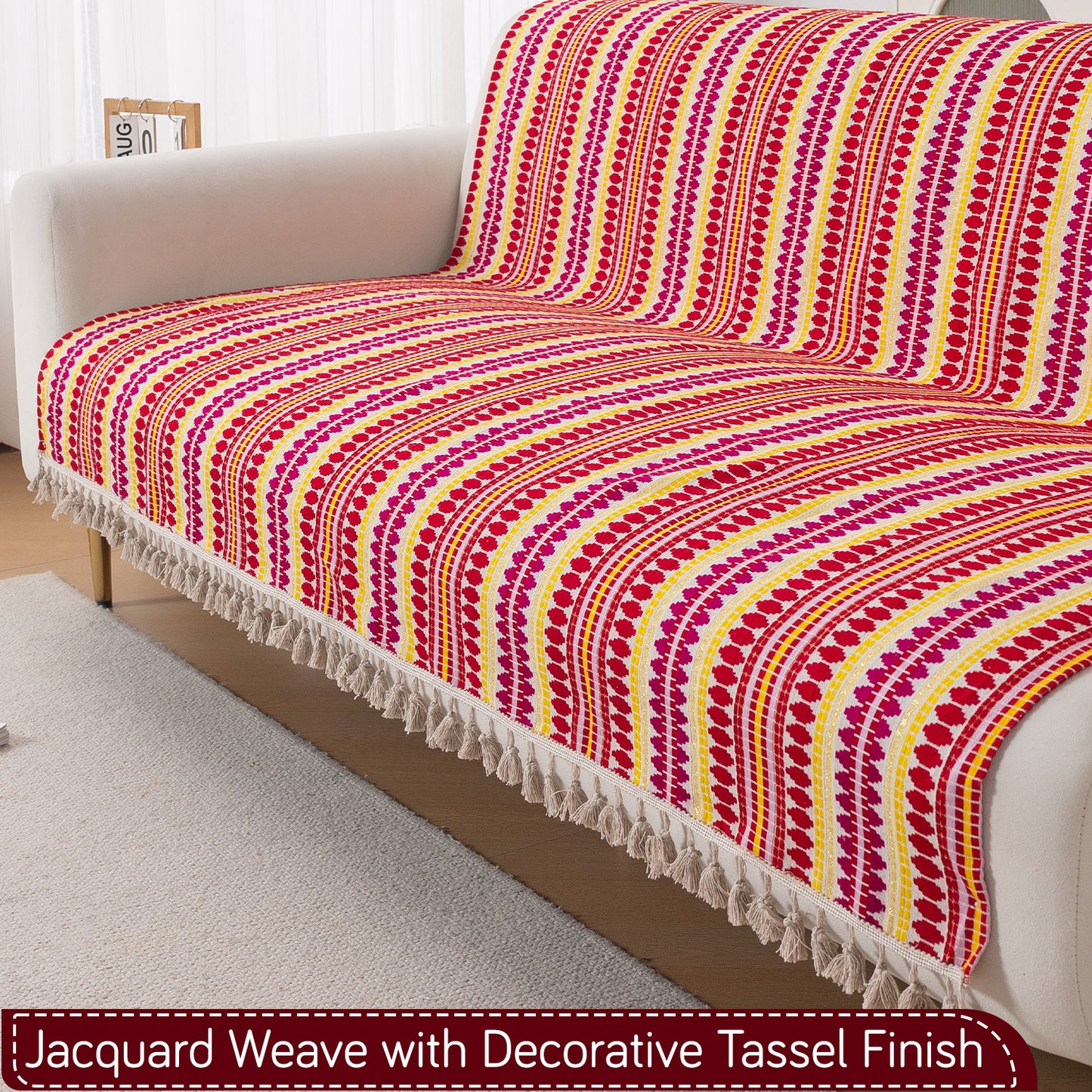 Artisan Boho Series 5-Seater Sofa Cover with Tassels (3+1+1), Ruby Red