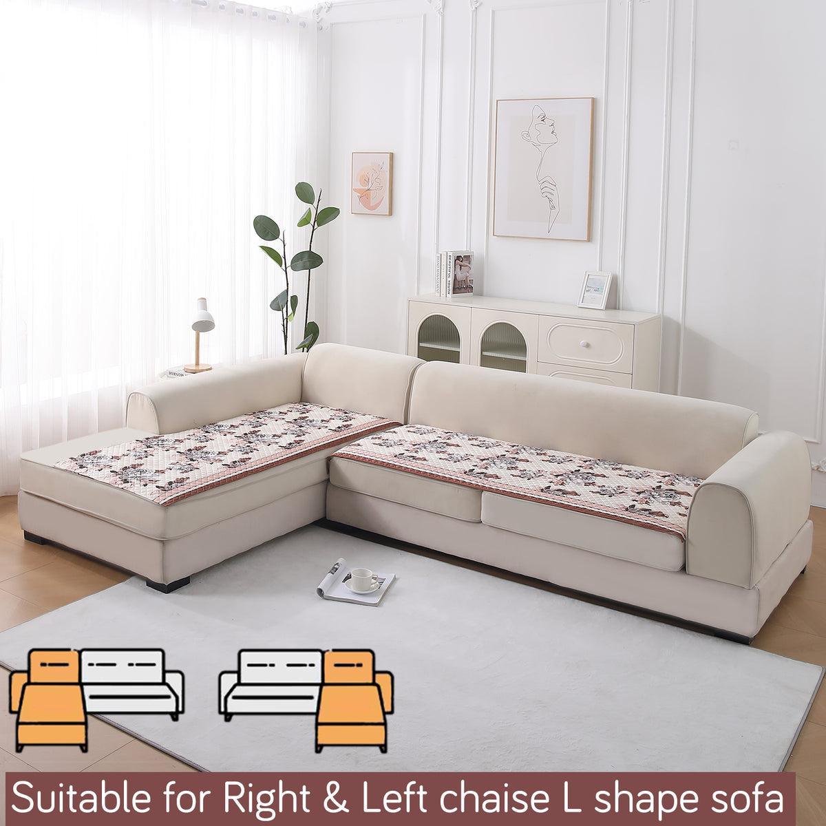 LiefNest Printed Holland Velvet L Shape Sofa Seat Mat with Foam Filling - Chrysanthemum Bloom Soft Beige