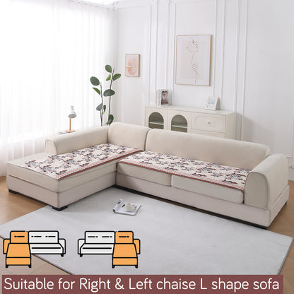 LiefNest Printed Holland Velvet L Shape Sofa Seat Mat with Foam Filling - Chrysanthemum Bloom Soft Beige
