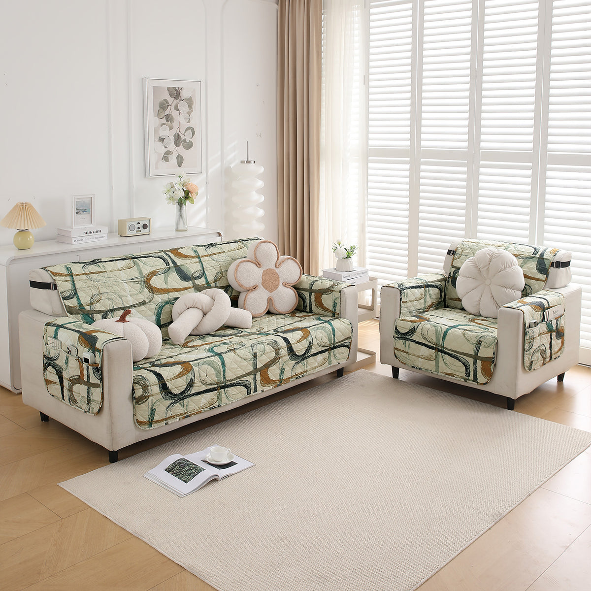 Waterproof & Quick-Dry Quilted Sofa Cover with Pockets on Armrest, Parchement Beige Abstract Art