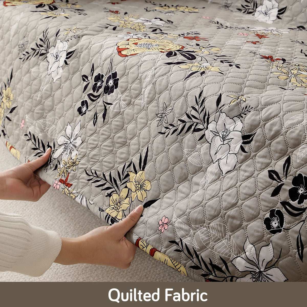 'Viva Casa' Polyester Printed Quilted Sofa Cover Mats, Floral Ash Grey