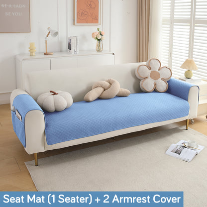 Quilted Sofa Cover Mat with 2 Armrest Covers Pockets, Blue