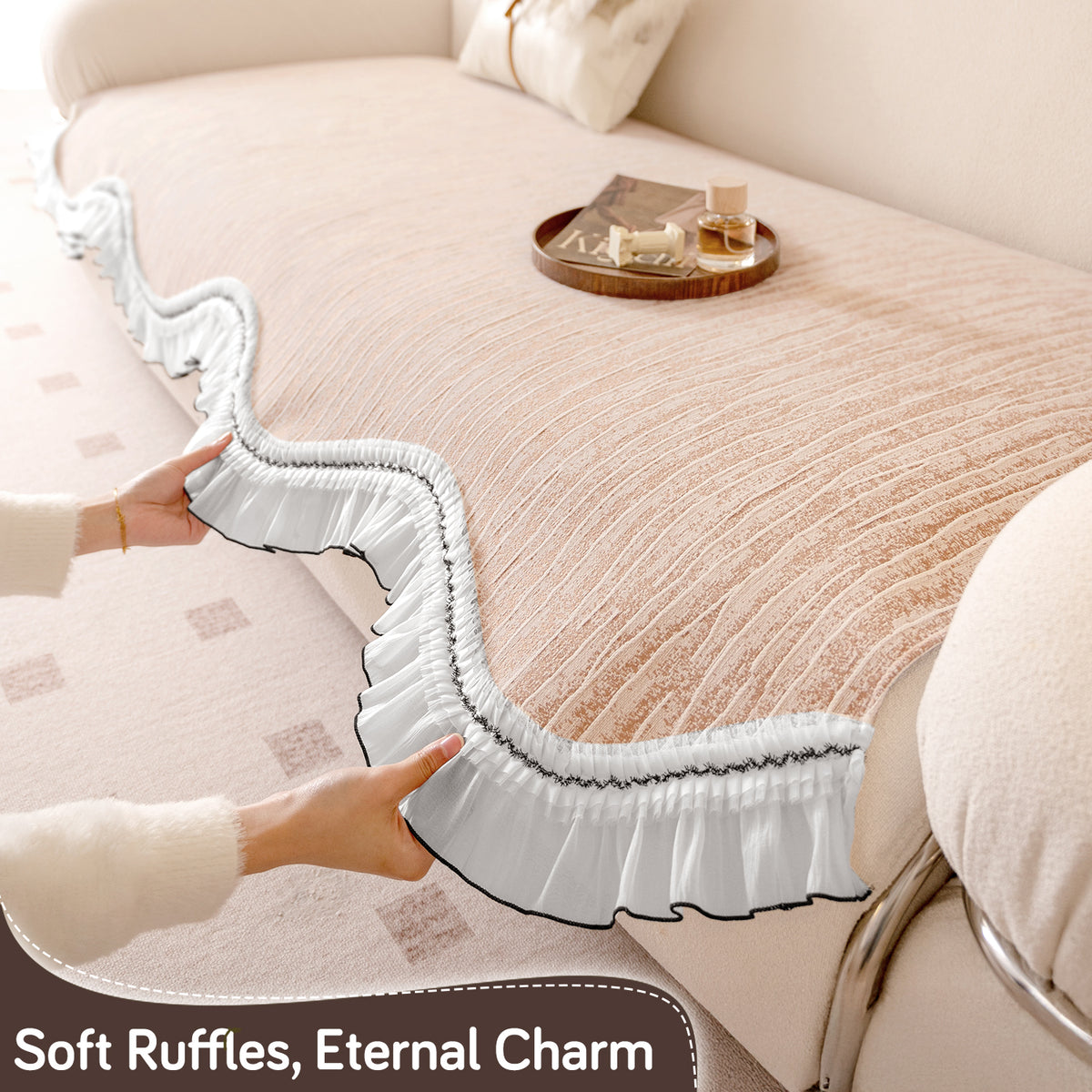 French Lace & Luxe with White Ruffle Edge Sofa Cover Mat, Oakwood Brown